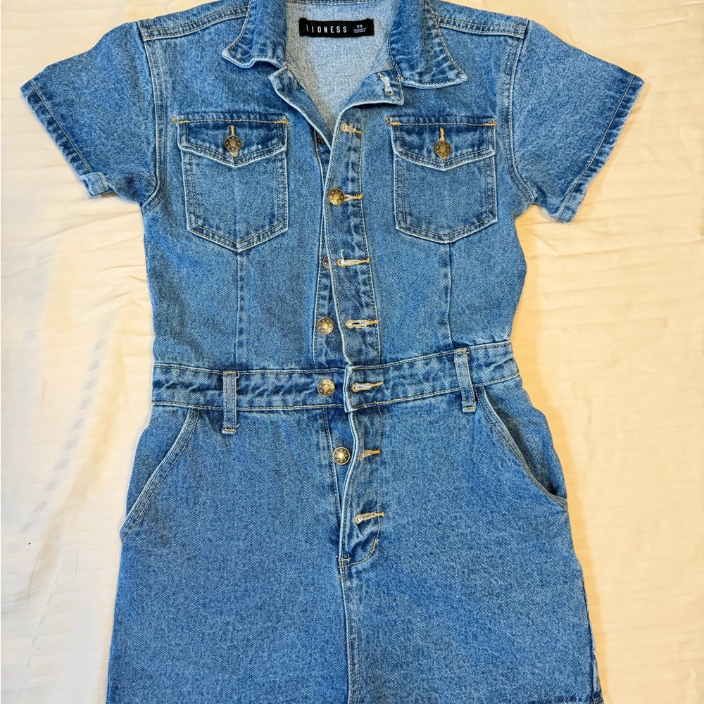 Lioness Light Blue Denim Short Sleeve Overalls